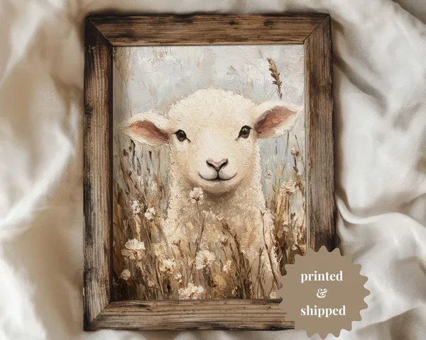 Lamb in Flower Meadow, Vintage Cottage Art Print