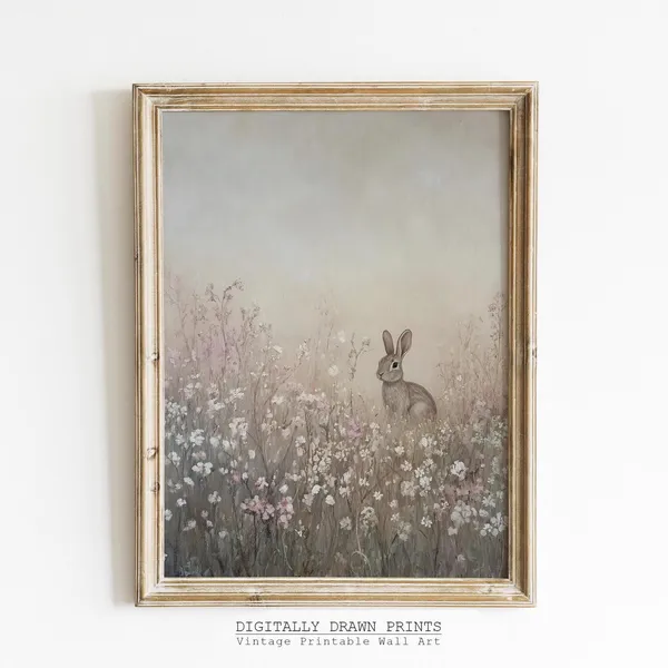 Vintage Easter Bunny in Wildflowers Field Art Print