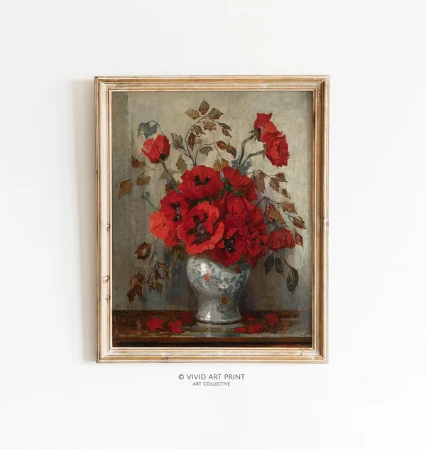 Poppy Bouquet Still Life Vintage Botanical Art Print