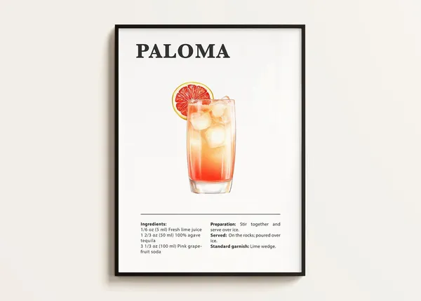 Paloma Recipe Cocktail Print, Bar Kitchen Art