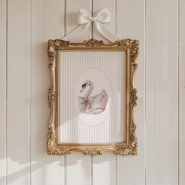 Balletcore Coquette Pink Bow Swan Nursery Art Print