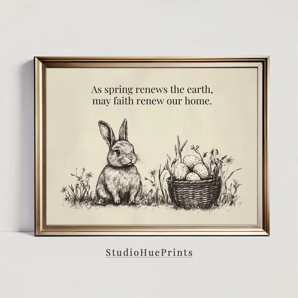 Vintage Easter Bunny Print, Rustic Minimalist Rabbit Sketch