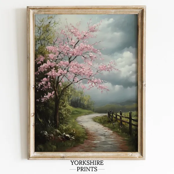 Cherry Blossom Pathway, Rustic Cottagecore Art Print