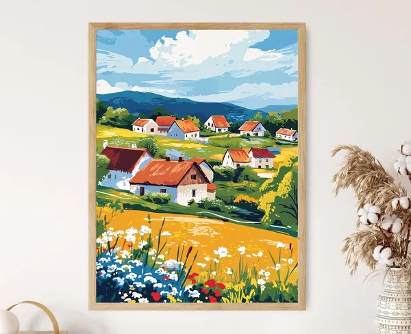 Hlebine Village Croatian Naive Art Landscape Print