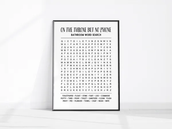 On the Throne But No Phone Bathroom Word Search Poster