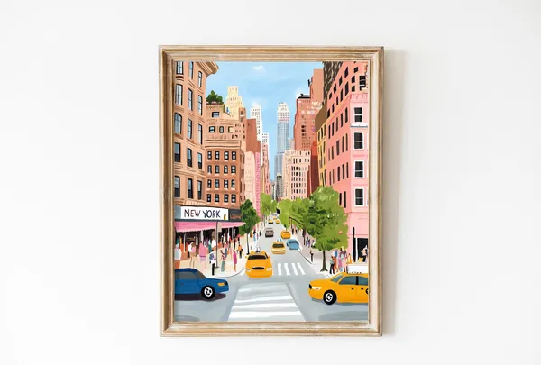 Retro New York Vintage Travel Poster, Soft Pink