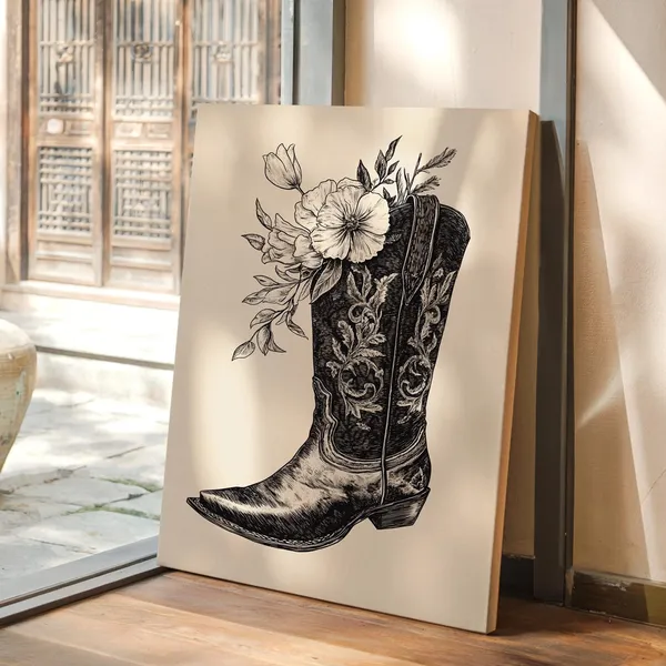 Floral Cowboy Boot Vintage Western Wall Art Print