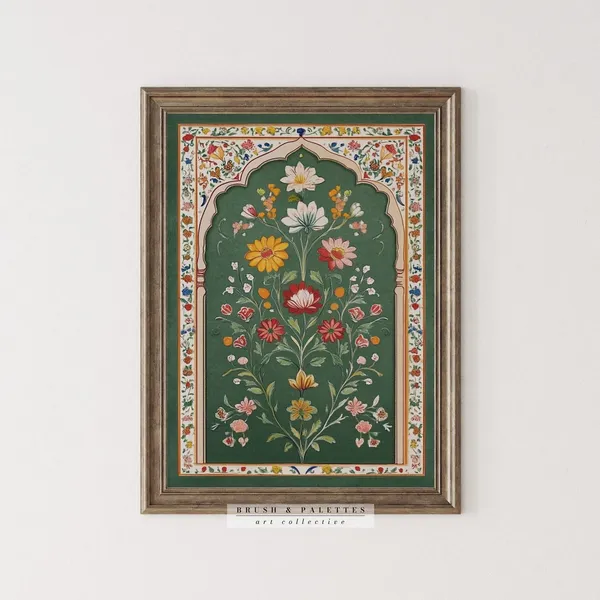 Mughal Floral Arch Art Print, Miniature Botanical Decor
