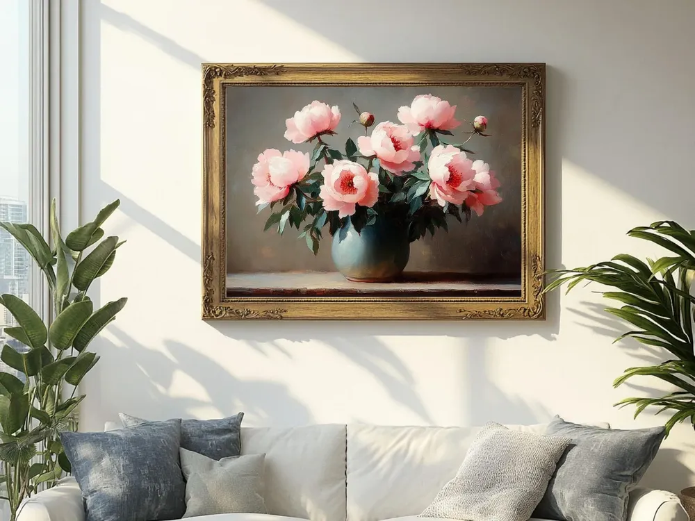 Pink Peonies in a Blue Vase, Vintage Art Print - Image 2