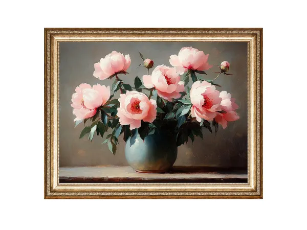 Pink Peonies in a Blue Vase, Vintage Art Print