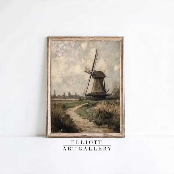 Dutch Windmill Vintage Landscape Art Print
