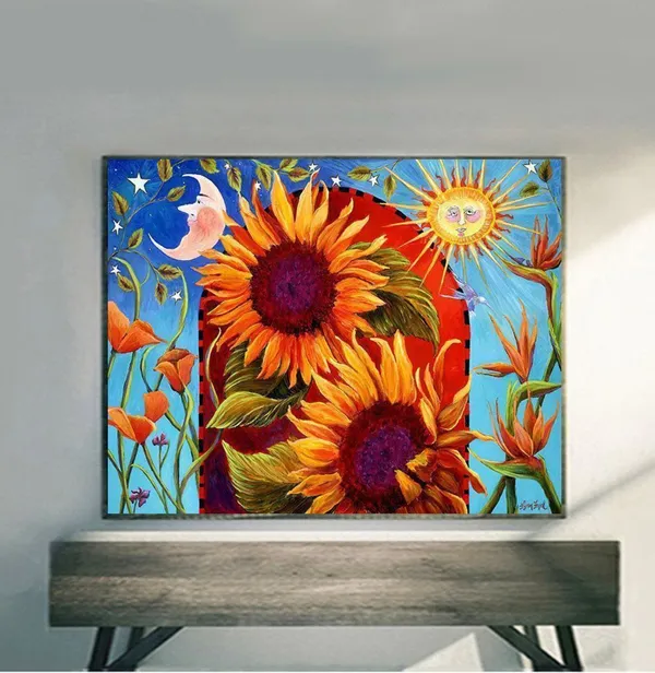 Sunflower Sun and Moon Celestial Wall Art Print