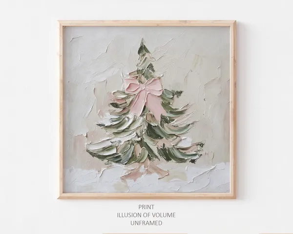 Christmas Tree Oil Print With Pink Bow, Holiday Poster