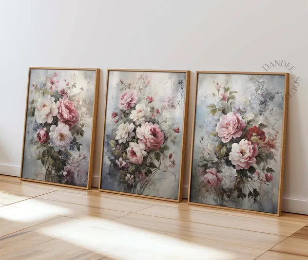 Vintage Flowers Art Print Set of 3, Neutral Botanical