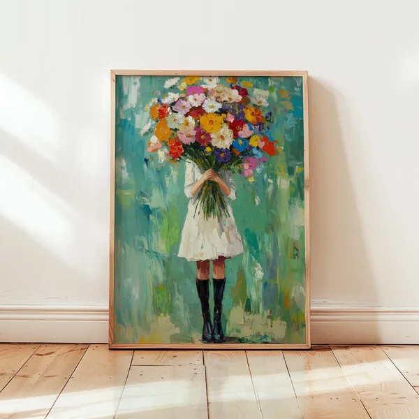 Girl With Flowers, Colorful Floral Bouquet Print