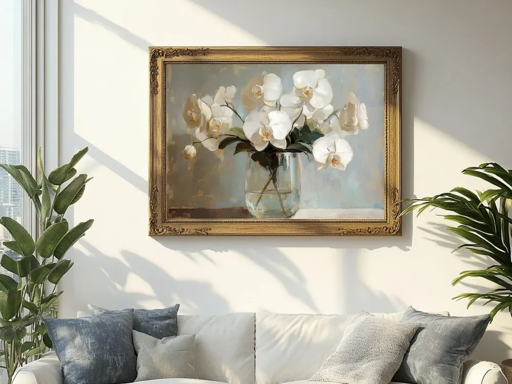 White Orchid Still Life, Vintage Oil Painting Art Print - Image 2