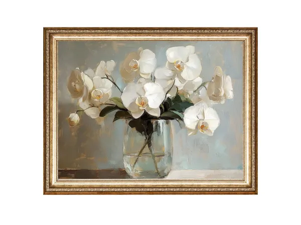White Orchid Still Life, Vintage Oil Painting Art Print