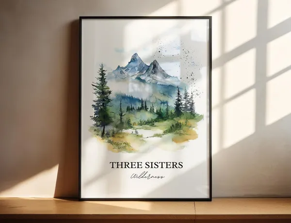 Three Sisters Wilderness Travel Poster, Oregon Watercolor