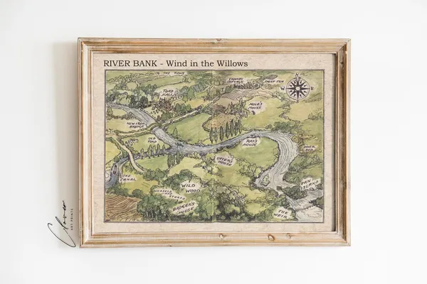 River Bank Illustrative Map, Vintage Nursery Decor