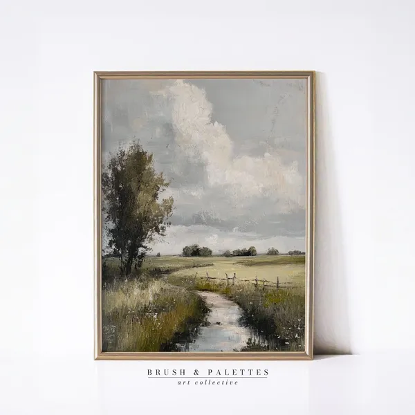 Rustic Countryside Landscape Art Print, Farm Meadow