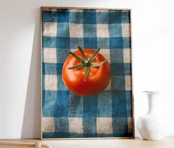 Vintage Tomato on Checkered Tablecloth Art Print