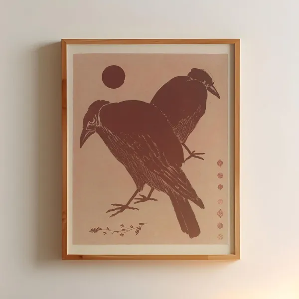 Red Crow Norse Folk Art Poster, Boho Woodblock Print