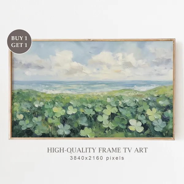 St Patricks Day Clover Oil Painting, Irish Coastal Landscape