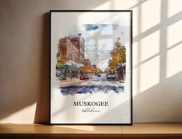 Muskogee OK Watercolor Travel Poster, Arkansas River