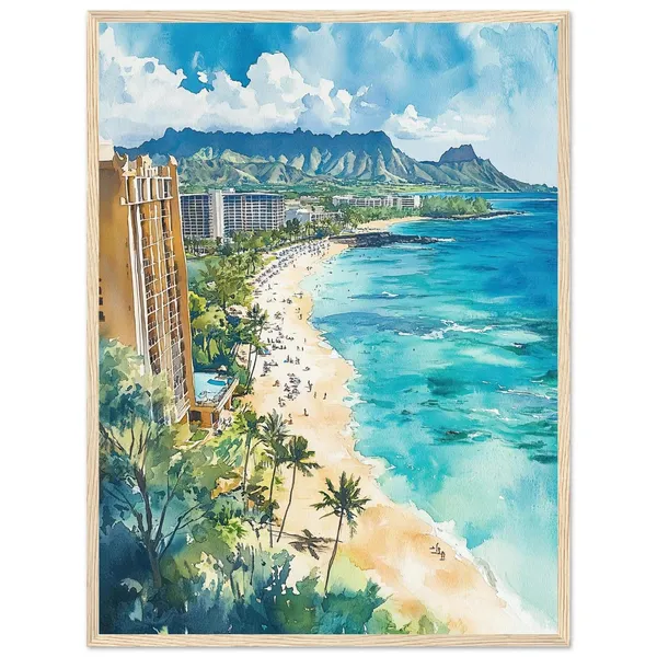 Waikiki Beach Watercolor Painting Print, Hawaii View