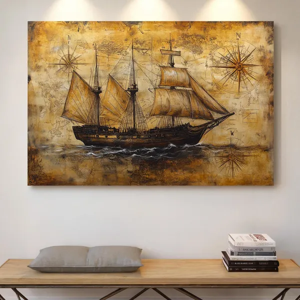 Vintage Pirate Ship Nautical Antique Map Art Print