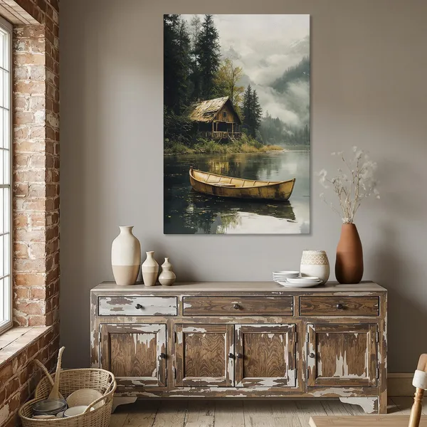 Rustic Lake Cabin With Rowboat, Countryside Art Print