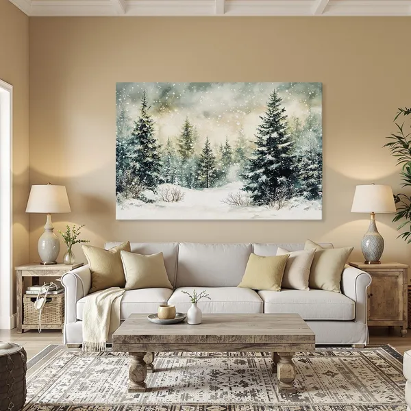 Snowy Forest Landscape Art Print, Rustic Winter Scenery