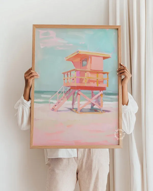 Coastal Lifeguard Tower Art Print, Pastel Beach
