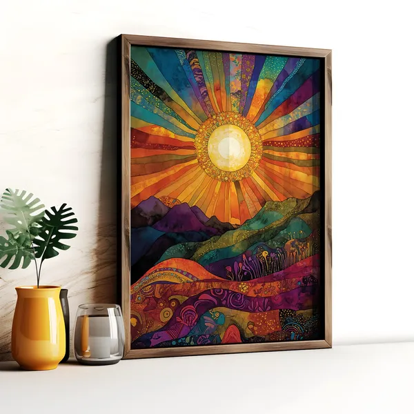 Boho Sun Art Print, Colorful Sunset Mountains