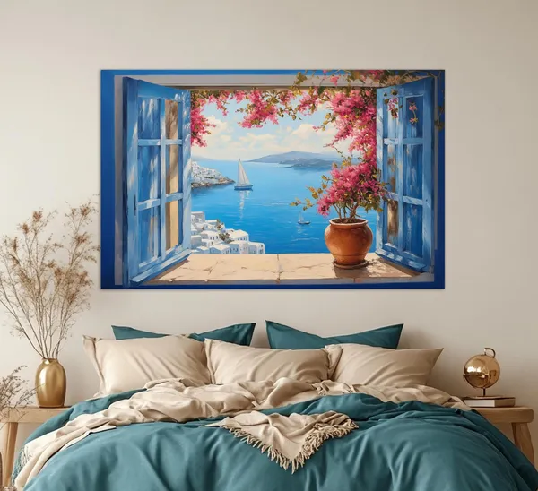 Window To Greek Island In Aegean Sea, Travel Poster
