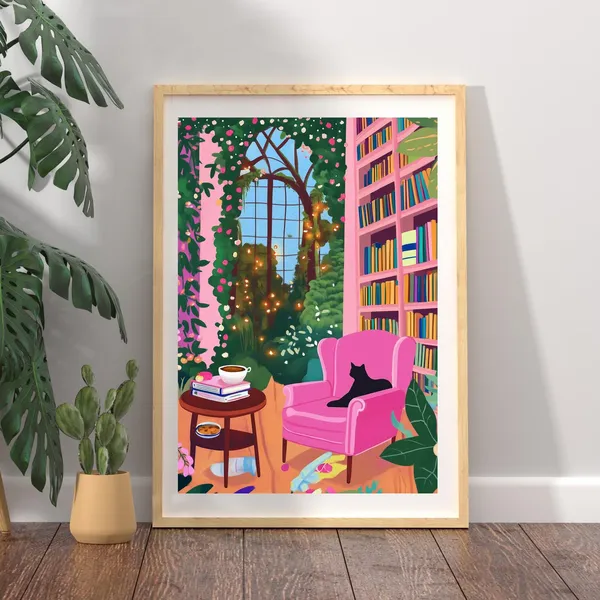 Cozy Reading Nook Art Print, Maximalist Library Decor