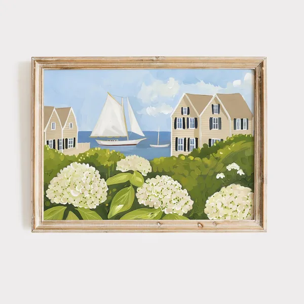 Nantucket Harbor Painting, Coastal Wall Art Print