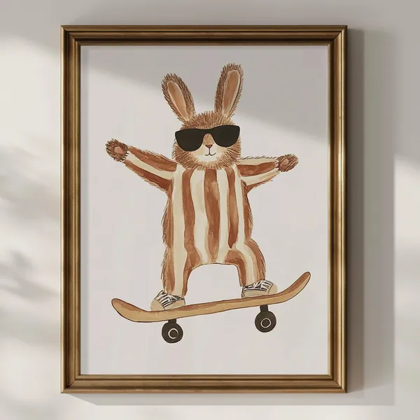 Bunny Skateboard Vintage Nursery Poster Print