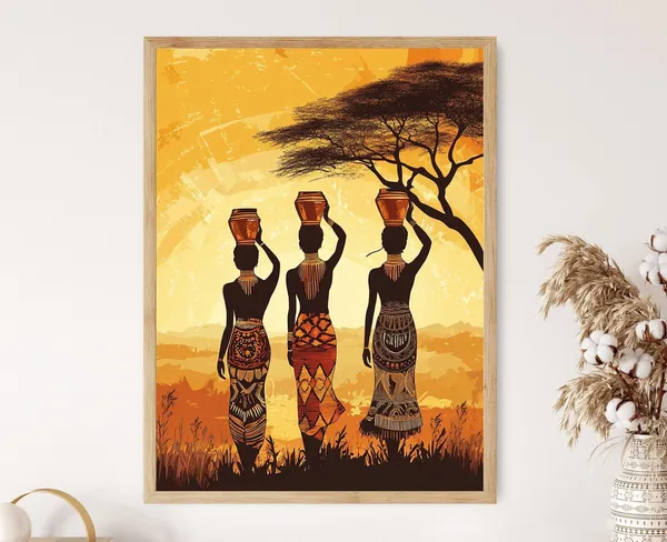 Sudanese Women With Water Jugs Sunset Silhouette Poster