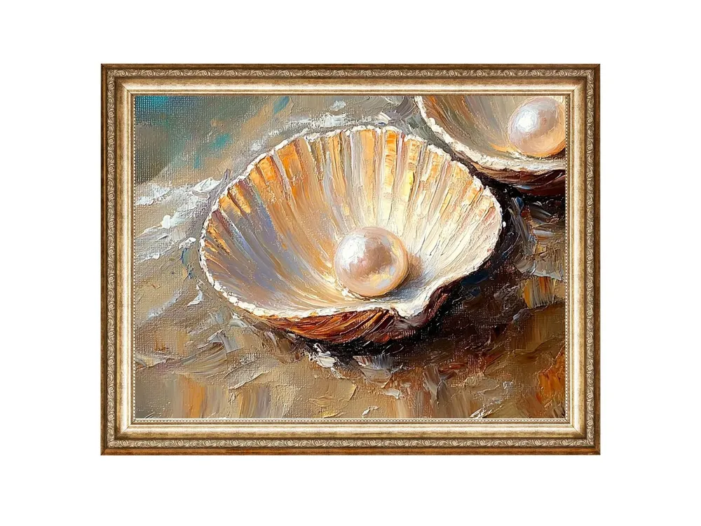 Golden Pearl Seashell Painting, Coastal Oil Art Print