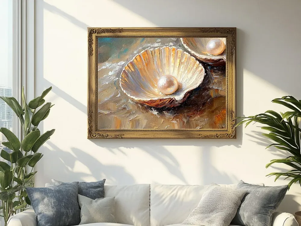 Golden Pearl Seashell Painting, Coastal Oil Art Print - Image 2