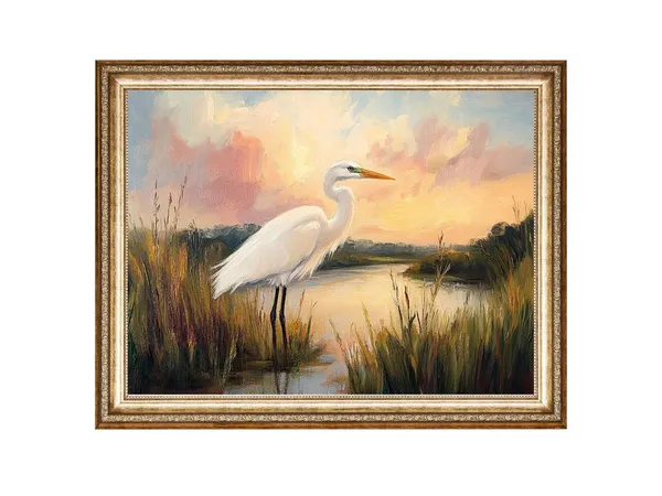 White Egret Marshland Sunset, Vintage Landscape Art Print
