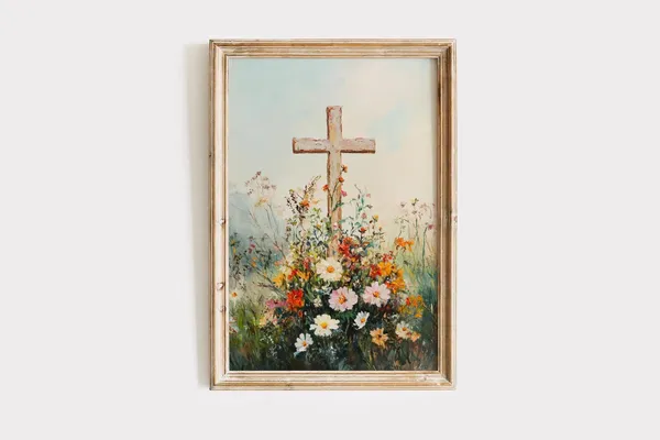 Vintage Cross Easter Art Print, Christian Wall Decor