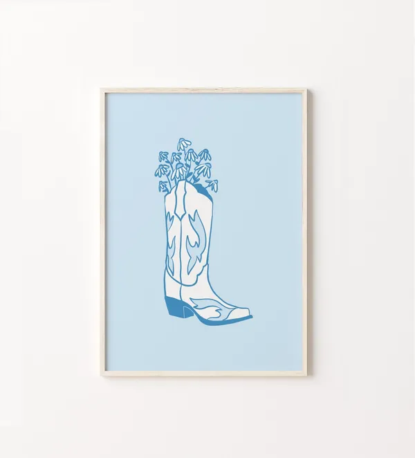 Western Boot Blue Art Print, Texas Boho Wildflowers