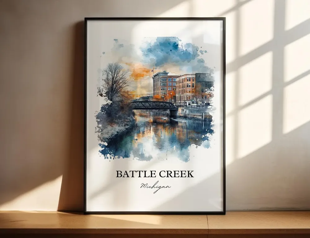 Battle Creek MI Watercolor Travel Poster, Calhoun County