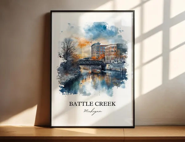 Battle Creek MI Watercolor Travel Poster, Calhoun County