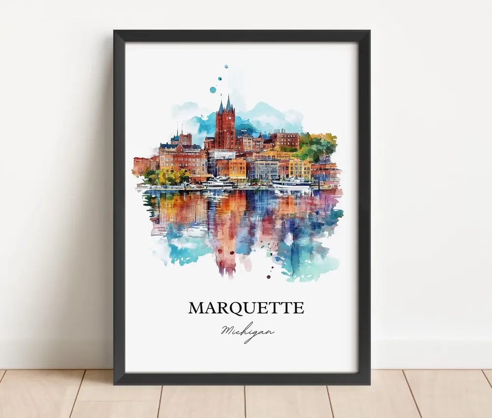 Marquette Michigan Lake Superior Watercolor Travel Poster