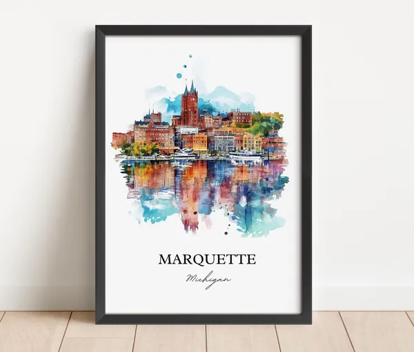 Marquette Michigan Lake Superior Watercolor Travel Poster