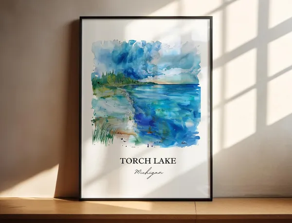 Torch Lake Michigan Watercolor Travel Poster