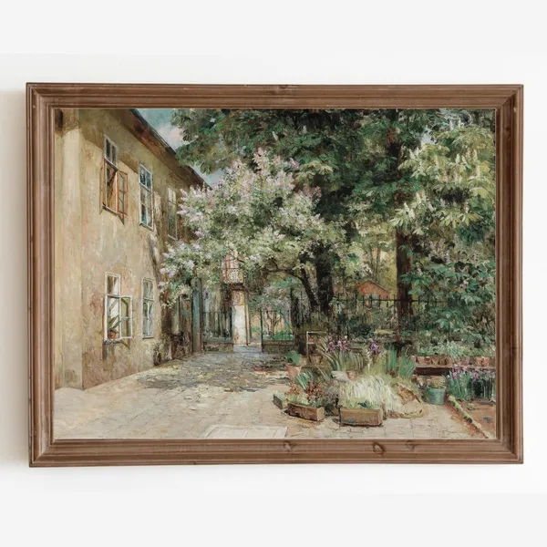 Vienna Courtyard Oil Painting, Vintage Landscape Print